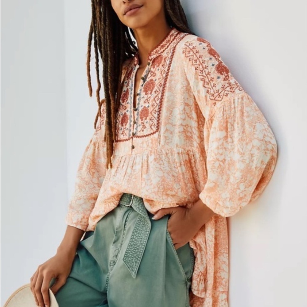 Anthropologie Claudia Embroidered Babydoll Tunic spring Boho Western peach